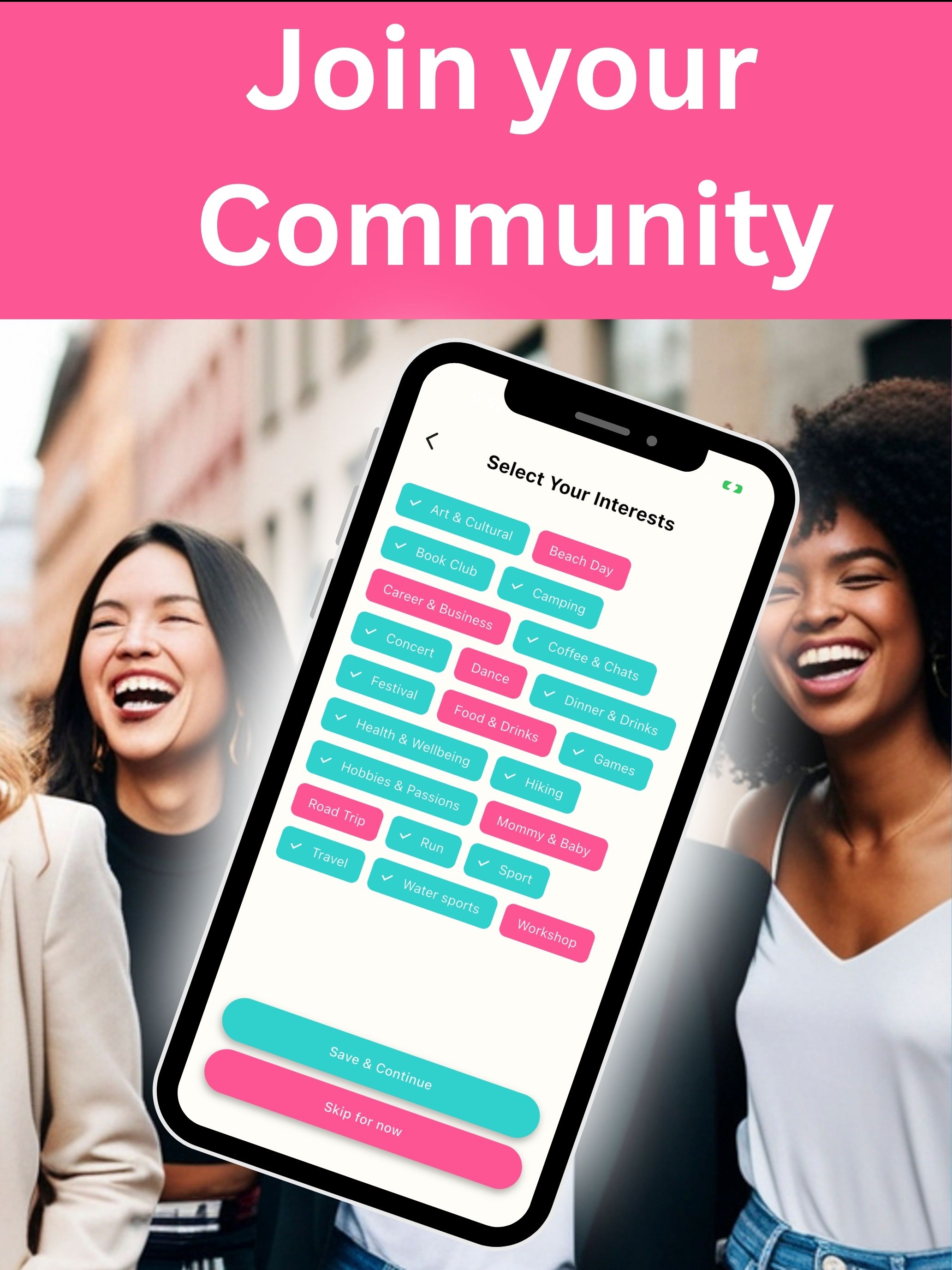 Select your interests screen in the Girl Clan app
